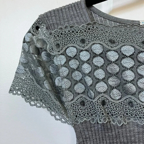 Microwool EGI Wool Blend Made in Italy Grey  Lace Detail Short Sleeve Top Y2K - Picture 8 of 8